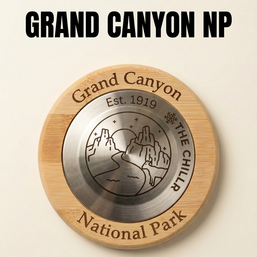 Round metal and wood product with Grand Canyon National Park branding on a beige background